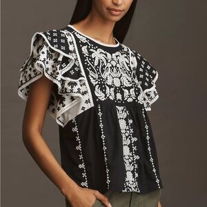 Farm Rio x Anthropologie Printed Flutter-Sleeve Top Small NWT